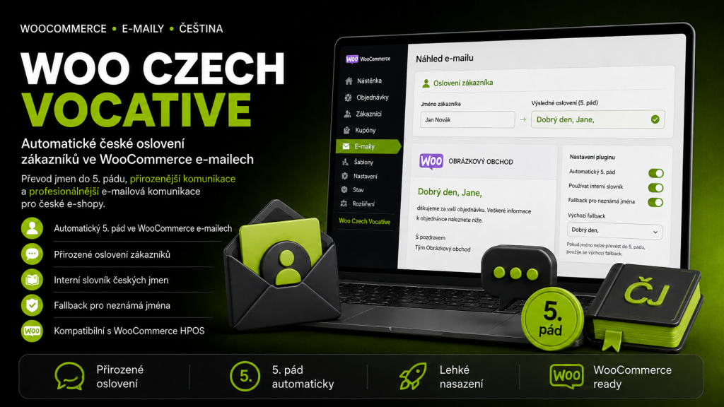 Automatické české oslovení zákazníků ve Woocomemrce e-mailech.