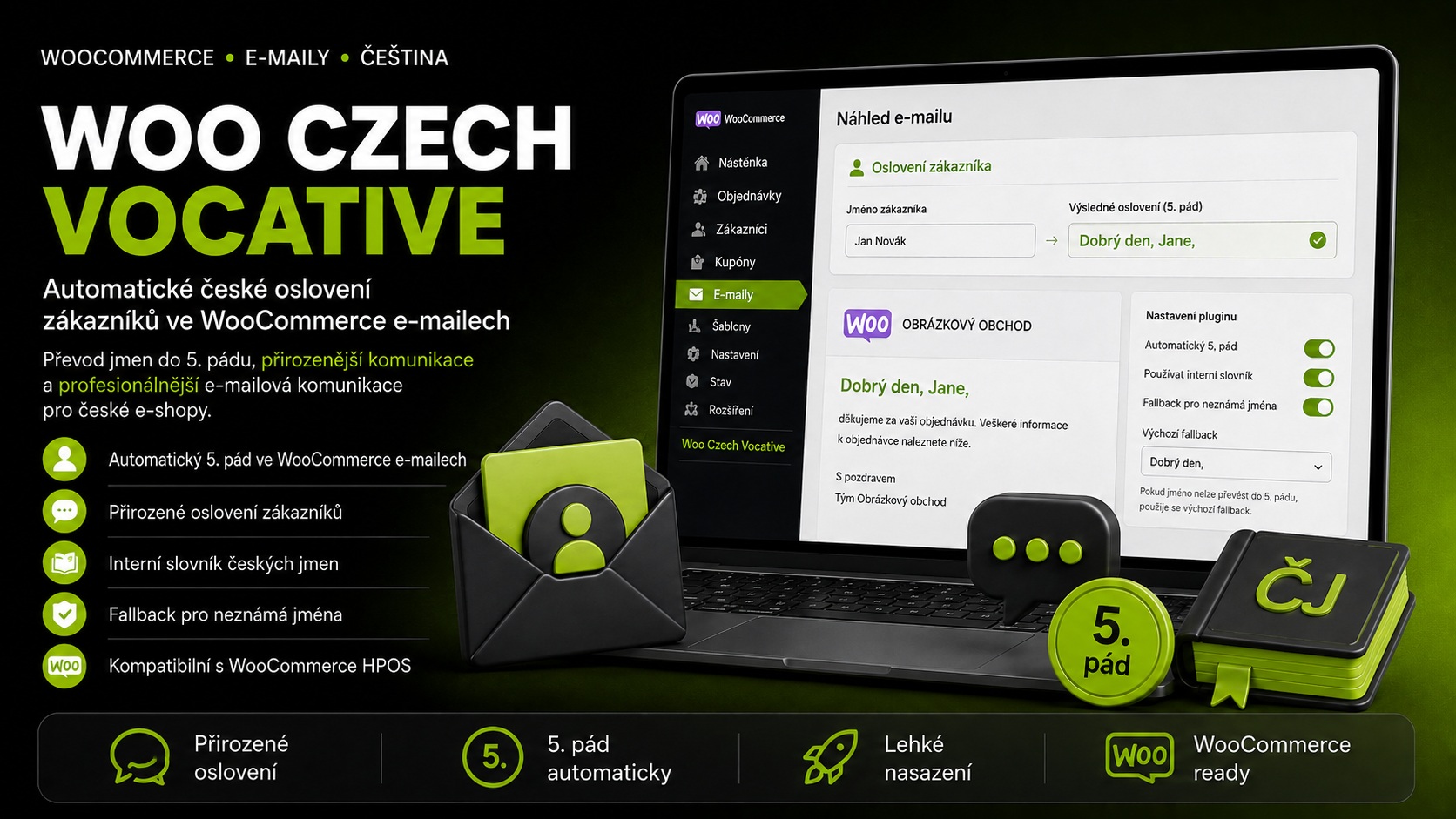 Automatické české oslovení zákazníků ve Woocomemrce e-mailech.