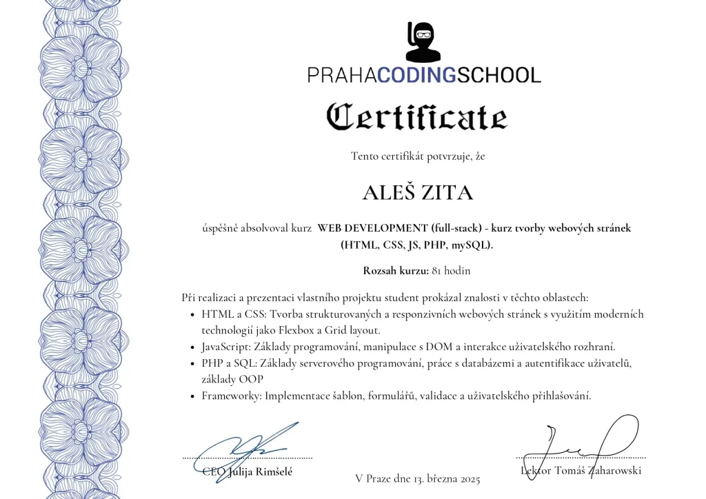 Praha CODING School – Web Development (Full-stack) | leden – březen 2025